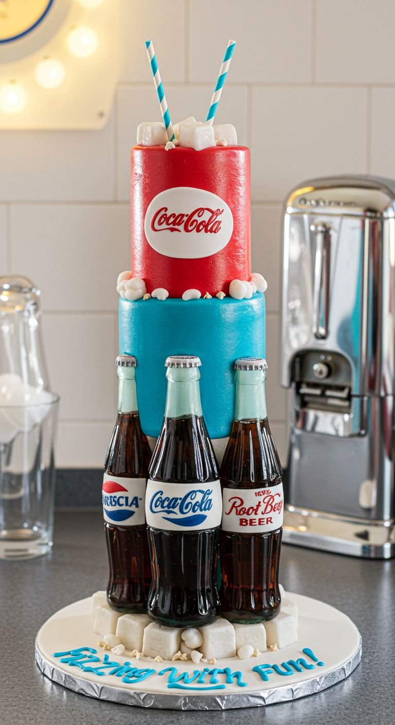 Torte in Form einer roten Cola-Dose, umgeben von echten Retro-Sodaflaschen.