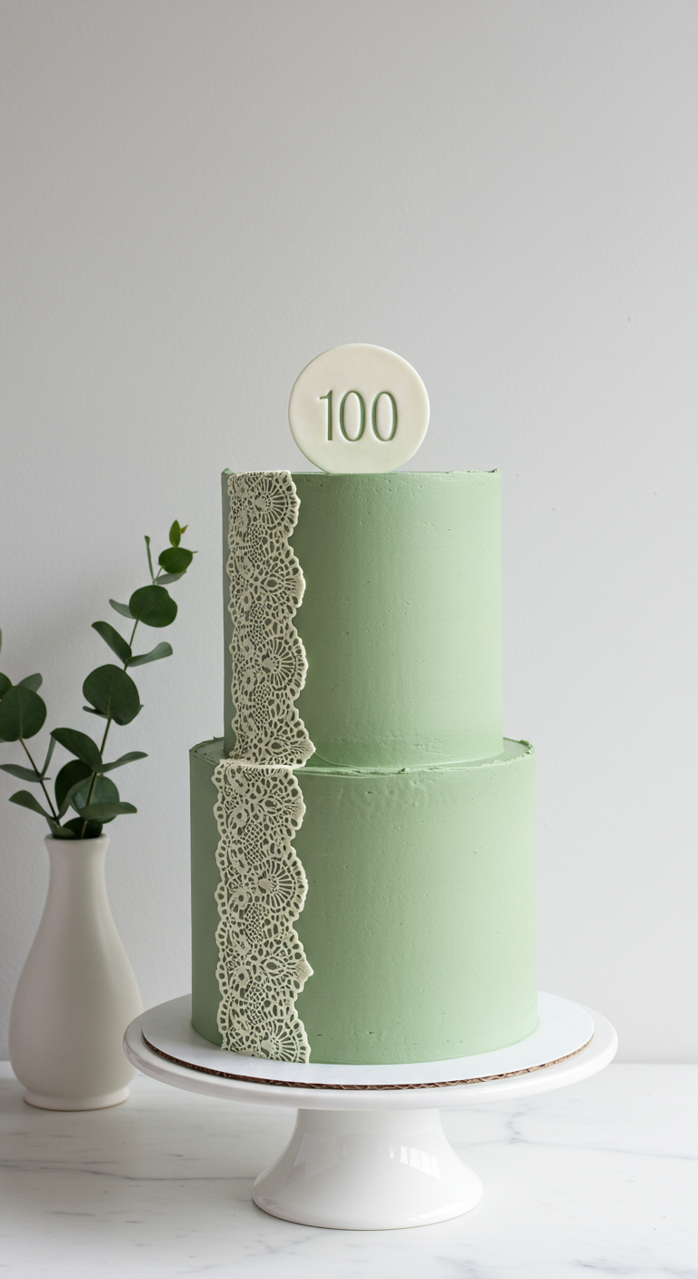 Zweistöckige mintgrüne Torte mit weißem Spitzen-Detail und ovalem '100'-Topper.