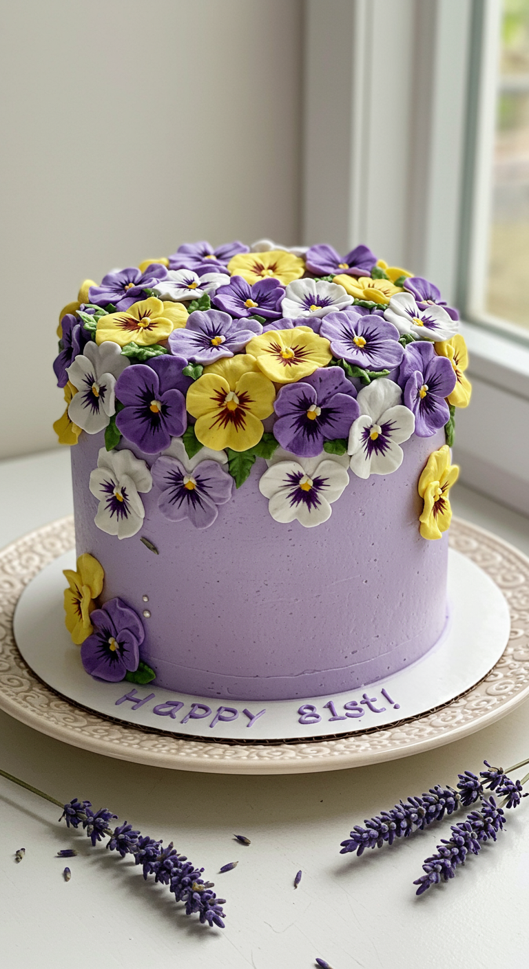 Lilafarbene Torte üppig mit gelb-lila-weißen Stiefmütterchen aus Zucker dekoriert.