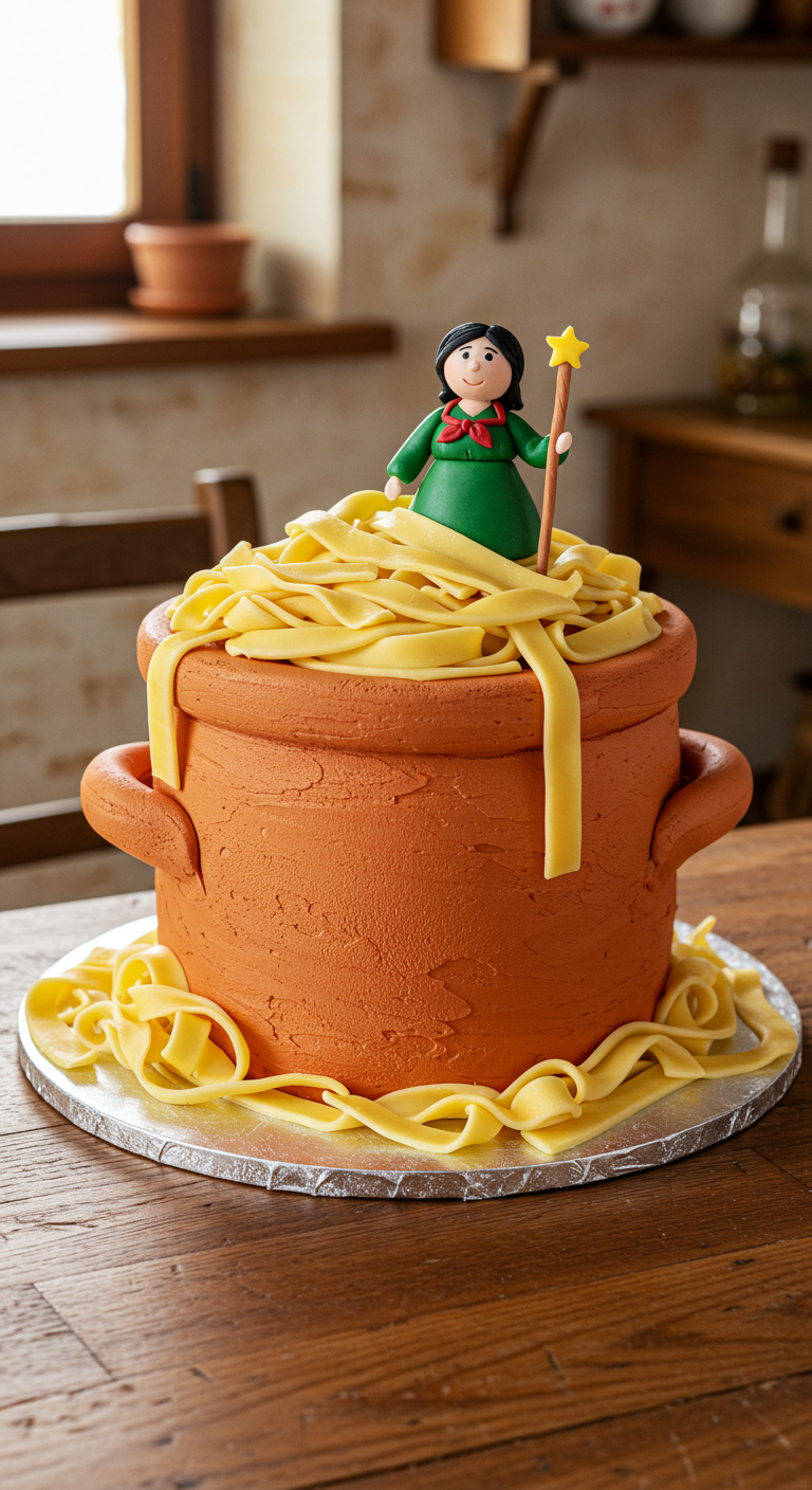 Torte in Form eines Terrakotta-Topfes, gefüllt mit gelben Fondant-Nudeln und Strega Nona Figur.