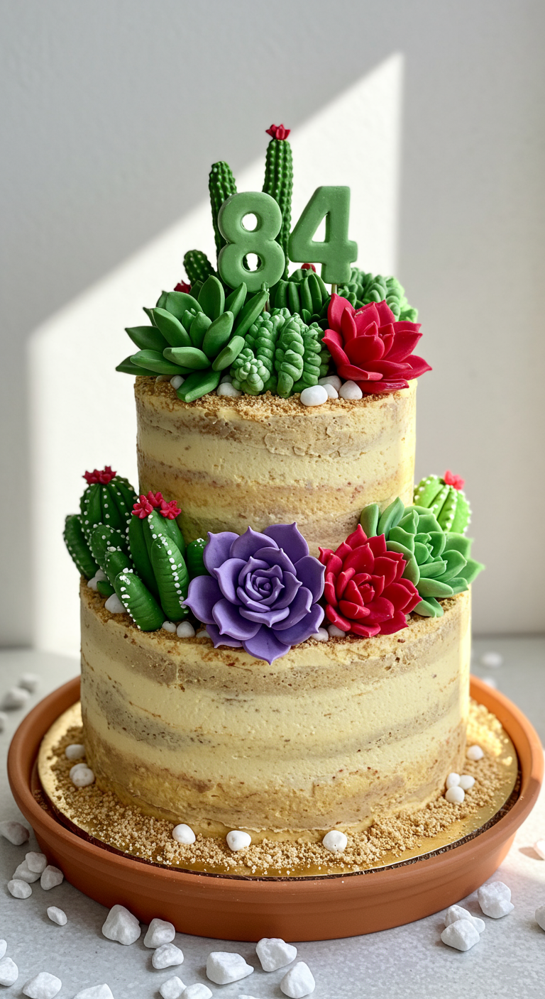 Zweistöckige Naked Cake Torte dekoriert mit Buttercreme-Sukkulenten und Kaktus-Zahl 84.