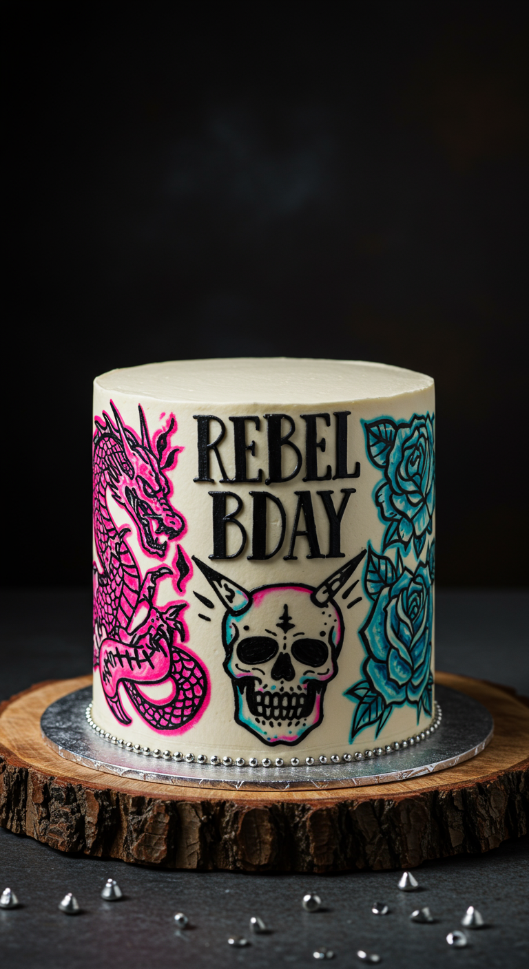 Weiße Torte mit Tattoo-Motiven: pinker Drache, Totenkopf, blaue Rosen. 'REBEL BDAY'.
