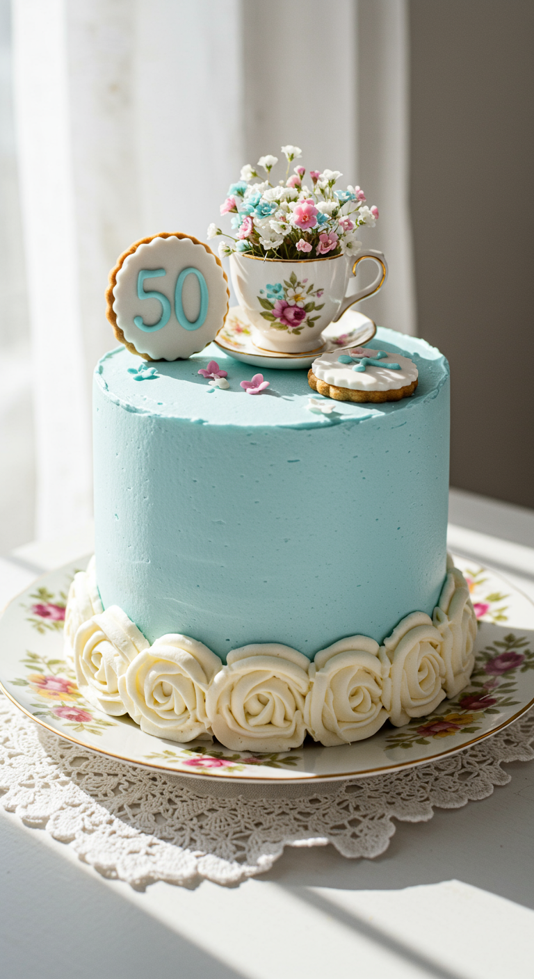 Hellblaue Torte mit weißen Buttercreme-Rosen, Teetasse mit Blumen und '50' Keks.