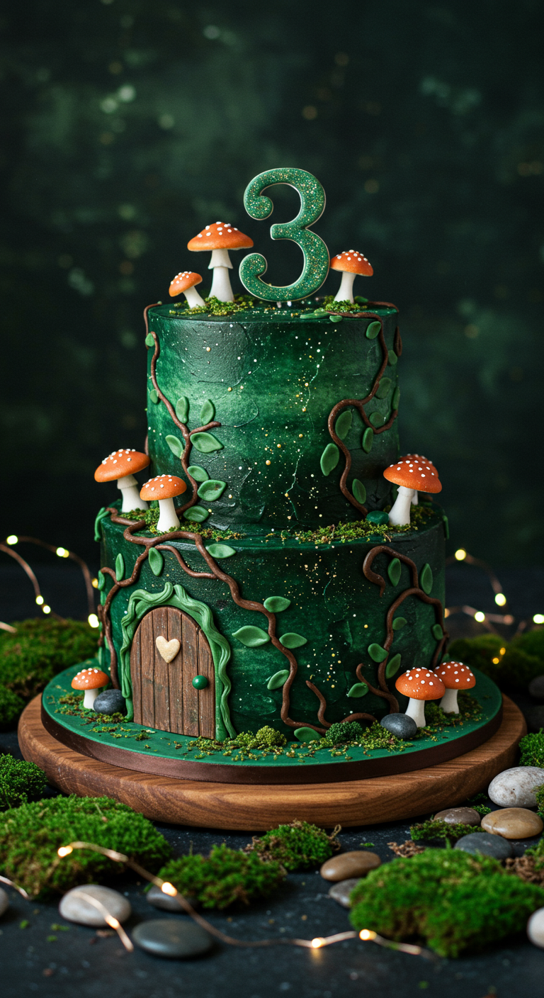 Zweistöckige dunkelgrüne Waldtorte mit Fliegenpilzen und Tür.