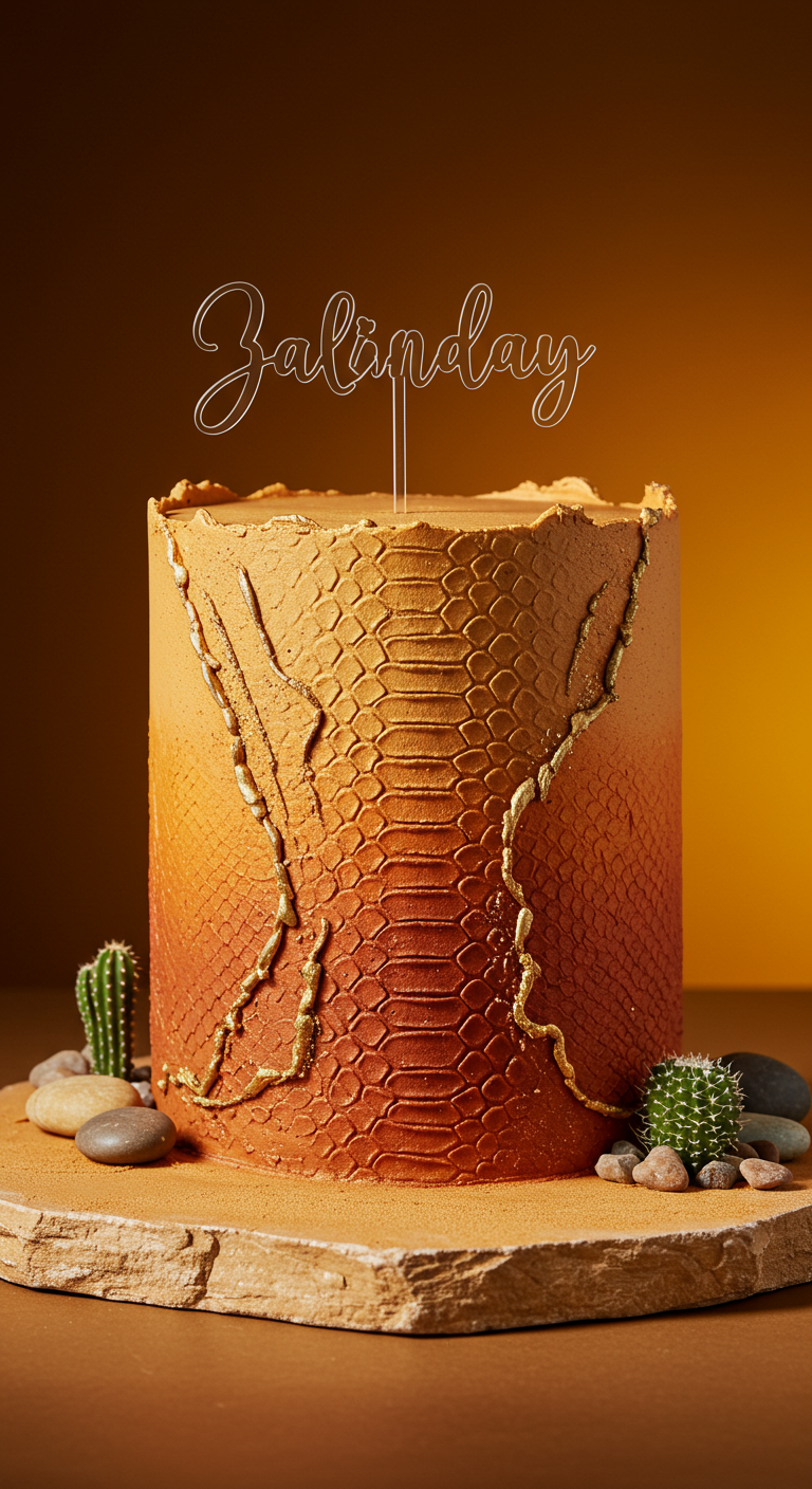 Hohe Torte in Terrakotta-Tönen mit Schlangenhautmuster und goldenen Riss-Akzenten.