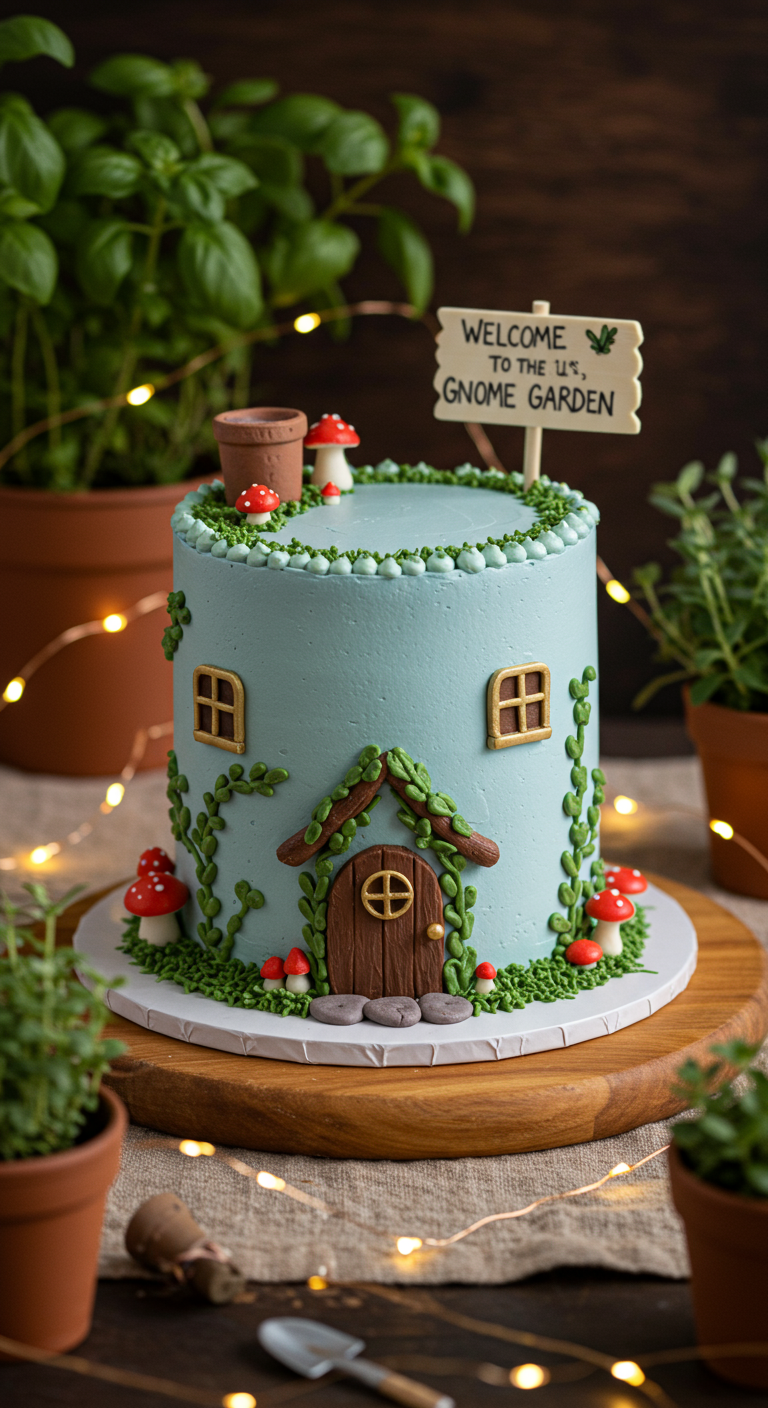 Hellblaue Torte dekoriert als Gnomenhaus mit Tür, Fenstern, Pilzen und Schild.
