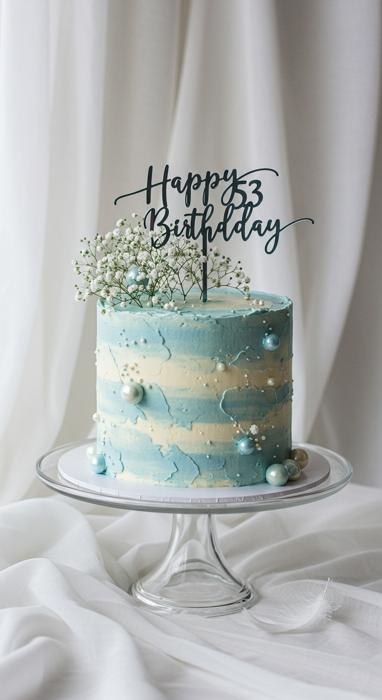 Hohe Torte mit blau-weißem Wolken-Buttercreme-Effekt, Schleierkraut und Perlen,
