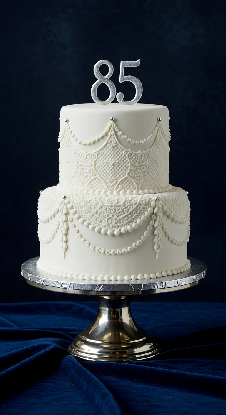 Zweistöckige weiße Torte mit feinen, geschwungenen Royal-Icing-Girlanden und Silberperlen.