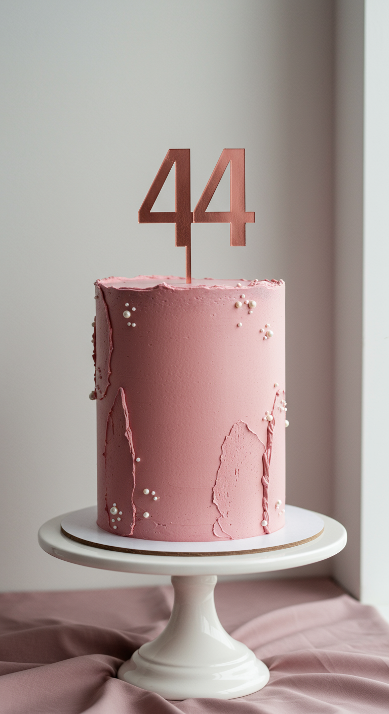 Hohe, zartrosa Torte mit strukturierter Buttercreme, weißen Zuckerperlen und Kupfer-Topper