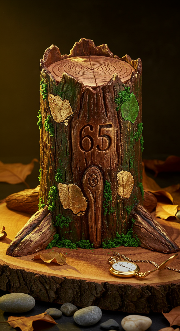 Baumstamm-Torte mit eingeschnitzter 65 und goldenen Blättern.