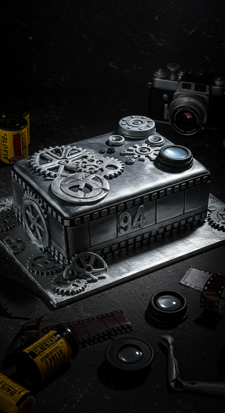 Silberfarbener Kuchen in Form einer alten Filmkamera oder eines Projektors mit Zahnrädern.