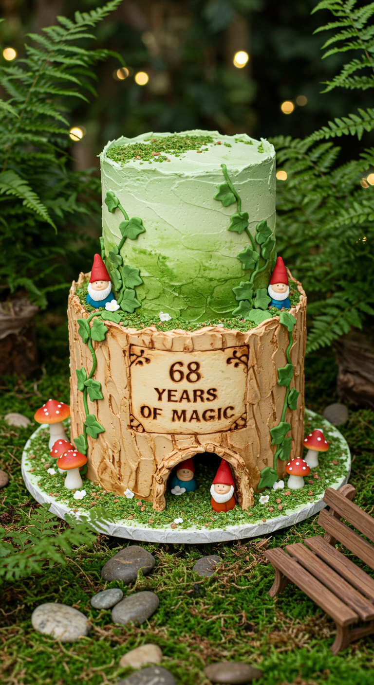 Zweistöckige Waldtorte mit Baumrinde, Zwergen, Pilzen und Schild