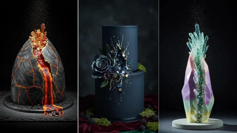Hochzeitstorten mit Konfetti und Glitzer: Vulkan-, Blumen- und Kristall-Design für besondere Momente.