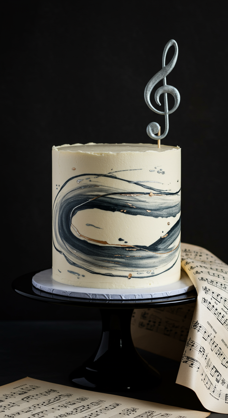 Helle Torte mit abstrakten, schwungvollen Pinselstrichen in Schwarz, Grau und Gold, Notenschlüssel-Topper.