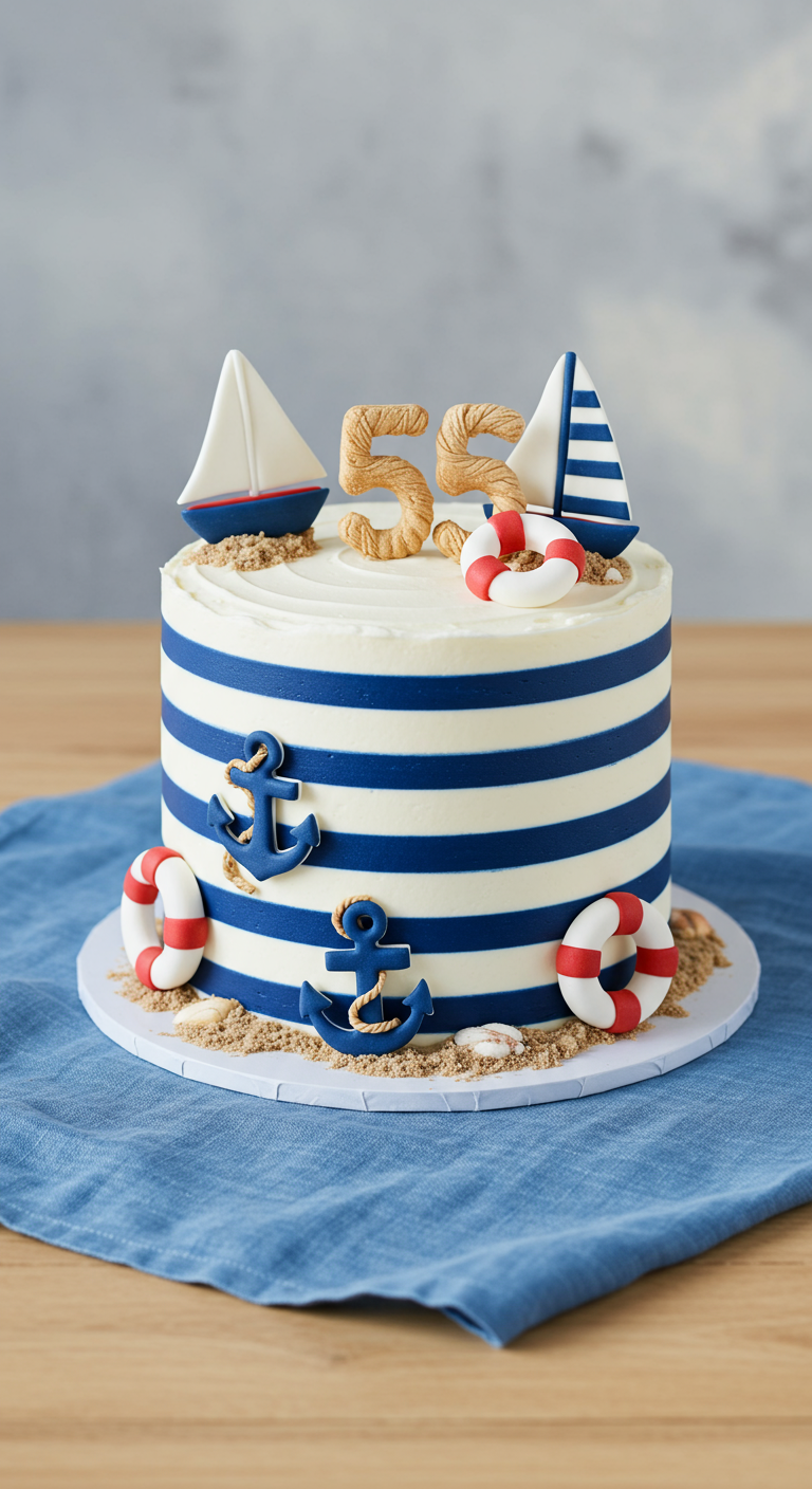 Torte mit blau-weißen Streifen, Ankern, Rettungsringen und Segelbooten.