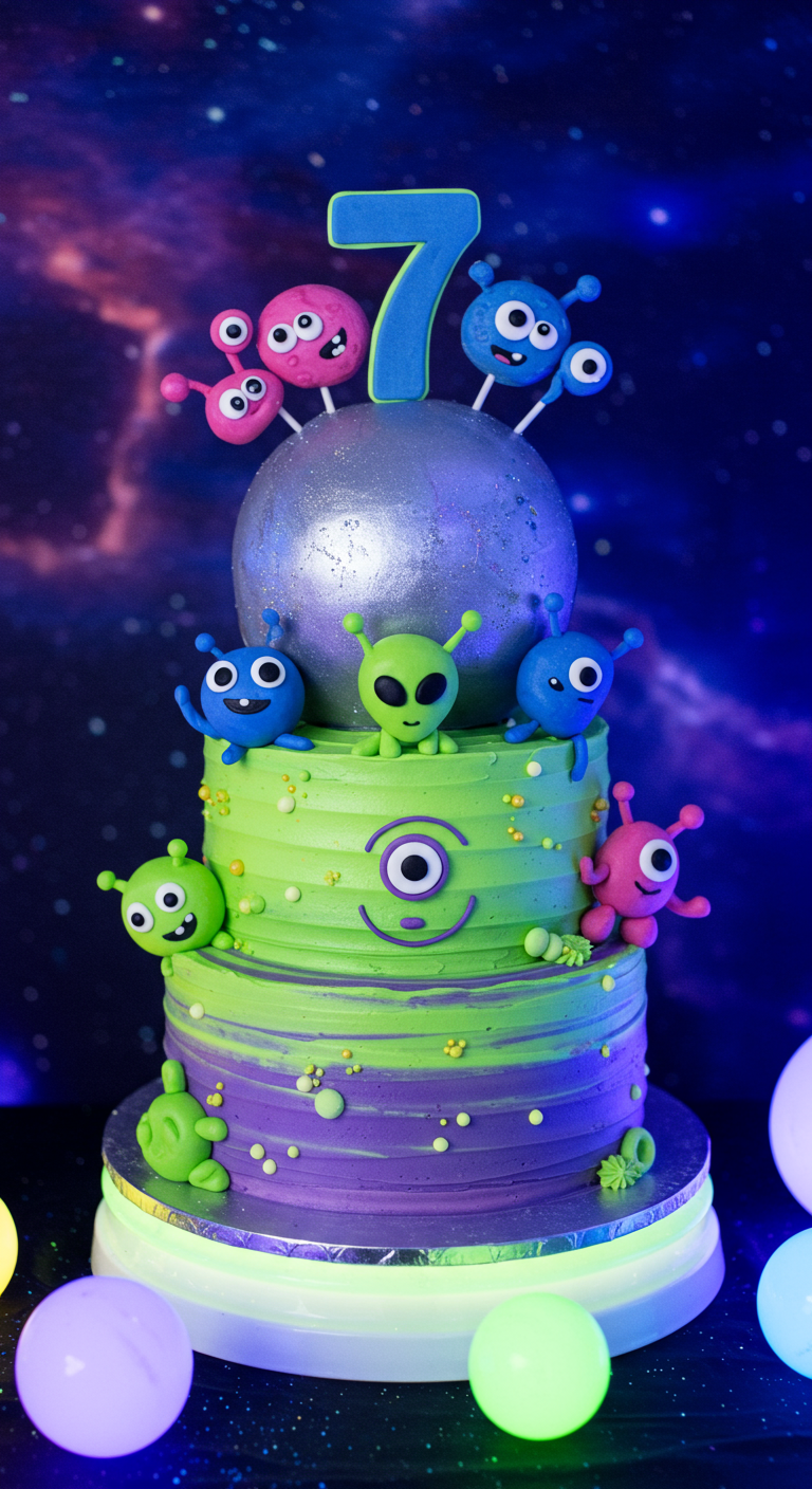 Mehrstöckige Alien-Torte in Grün und Lila mit lustigen Alien-Figuren.