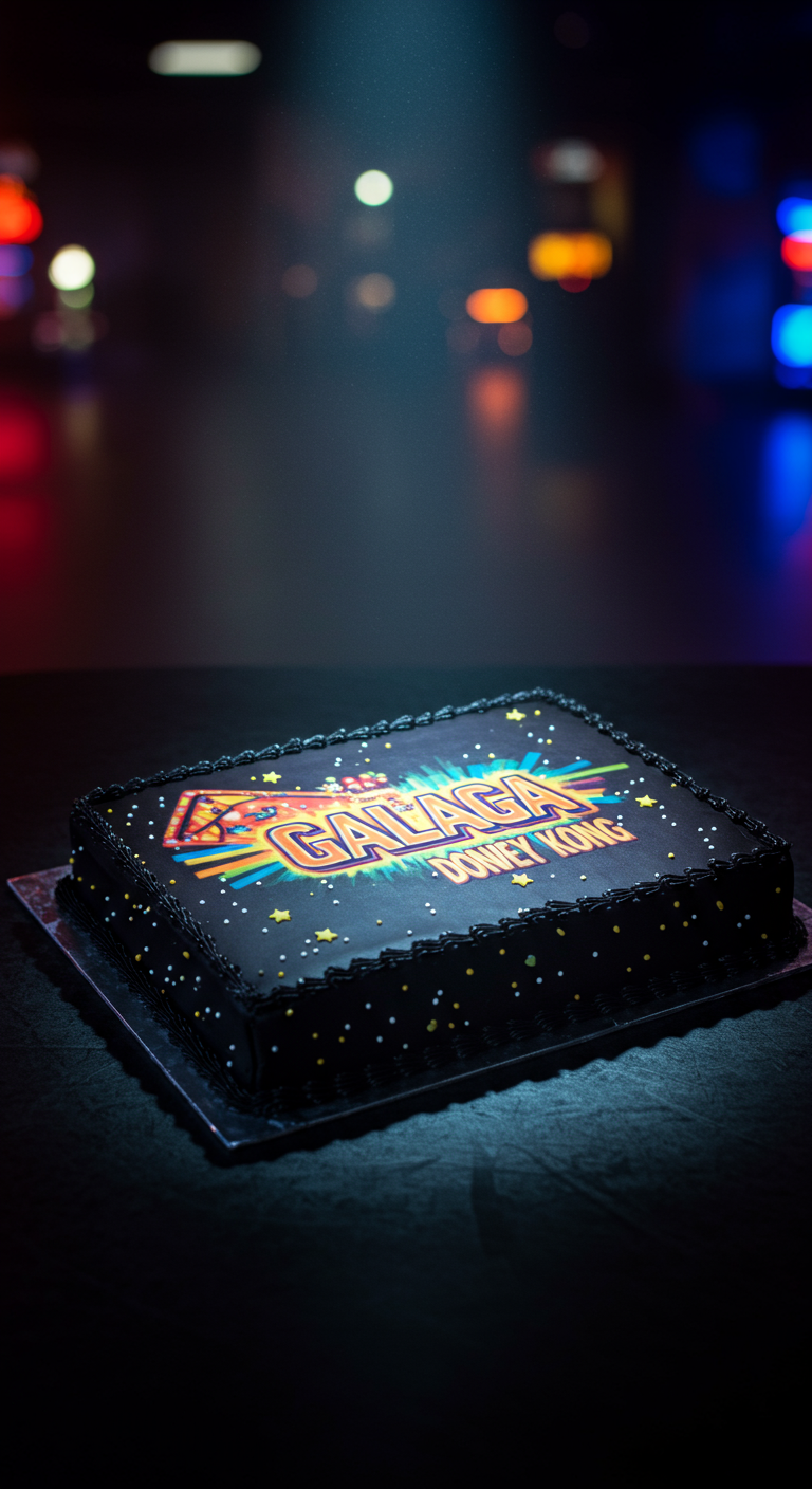 Schwarze rechteckige Torte mit leuchtendem Galaga und Donkey Kong Logo und buntem Punkterand
