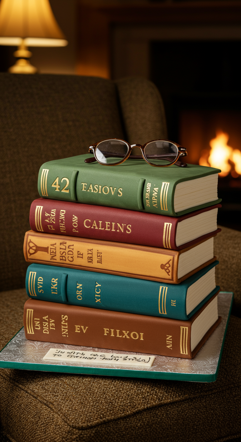Torte als Stapel von fünf verschiedenfarbigen Büchern mit Brille obenauf.