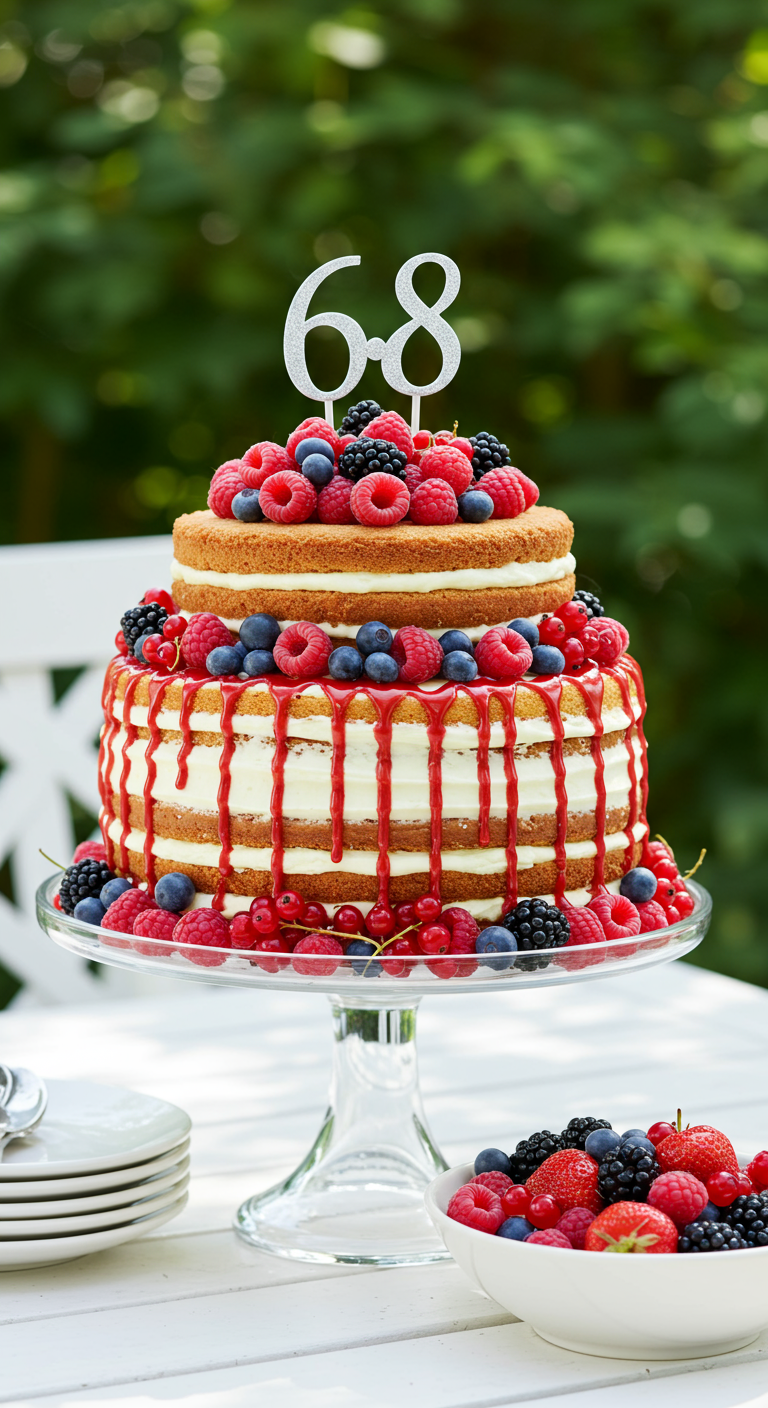 Zweistöckiger Naked Cake mit viel frischen Beeren, rotem Drip und