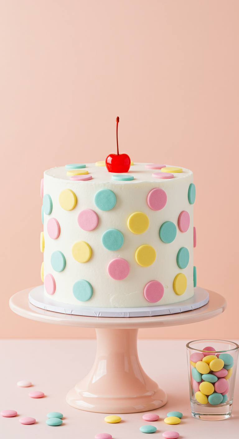 Weiße Torte mit bunten Pastell-Polka-Dots und einer Kirsche auf der Spitze.