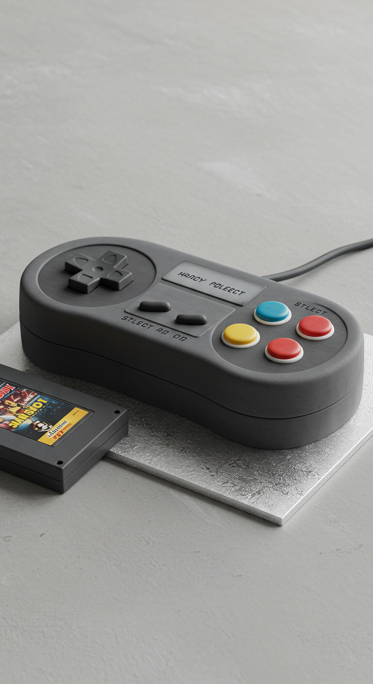 Torte in Form eines grauen Retro-Gamecontrollers mit bunten Knöpfen.