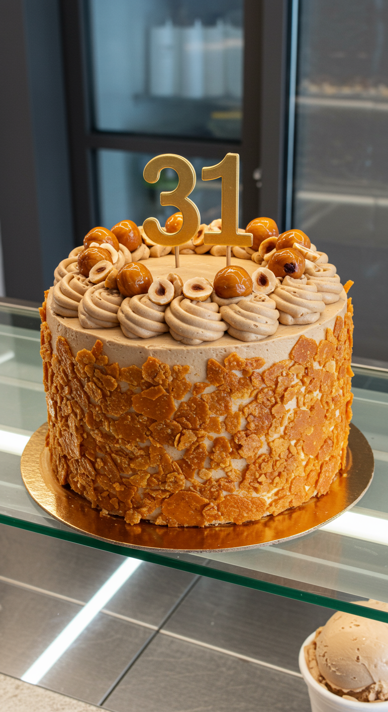 Haselnuss-Karamell-Torte mit Krokant-Rand und „31“-Topper.