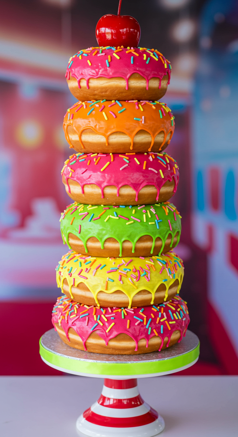 Turm aus gestapelten bunten Donuts mit Streuseln und einer Kirsche obendrauf.