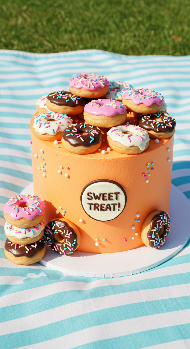 Orangefarbene Buttercreme-Torte über und über mit Mini-Donuts dekoriert.