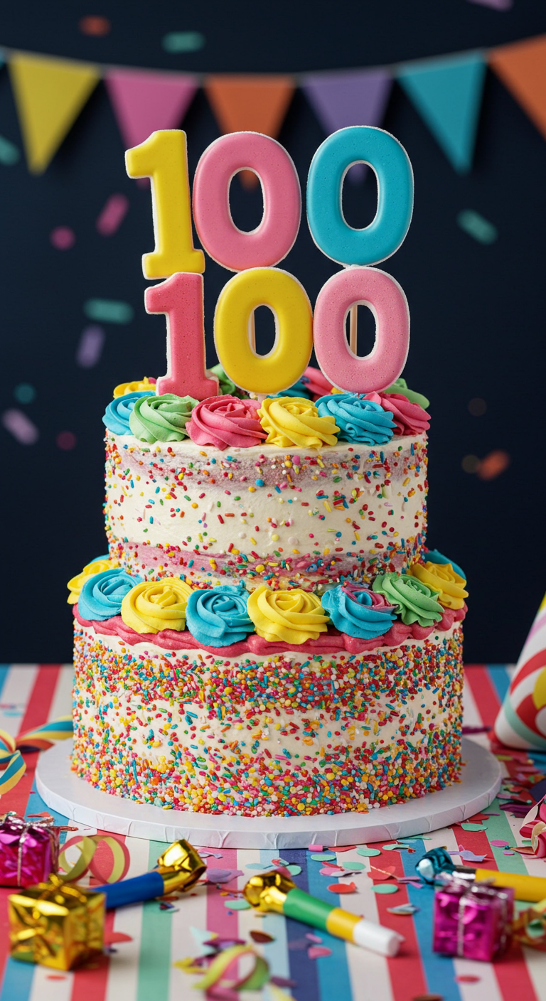 Zweistöckige Funfetti-Torte mit bunten Buttercreme-Rosetten und zwei '100'-Toppern.
