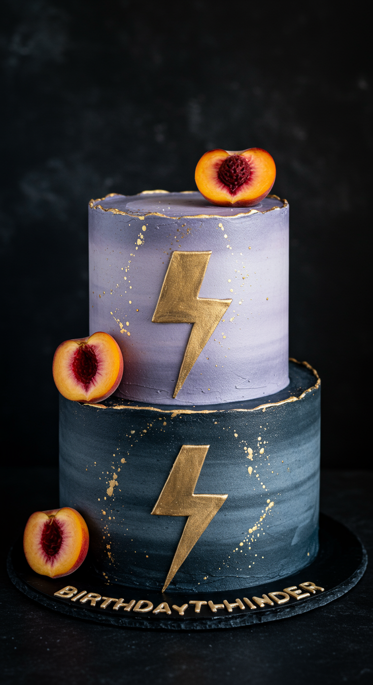 Zweistöckige Torte in Lavendel und Dunkelgrau mit goldenen Blitzen und Pfirsichen.