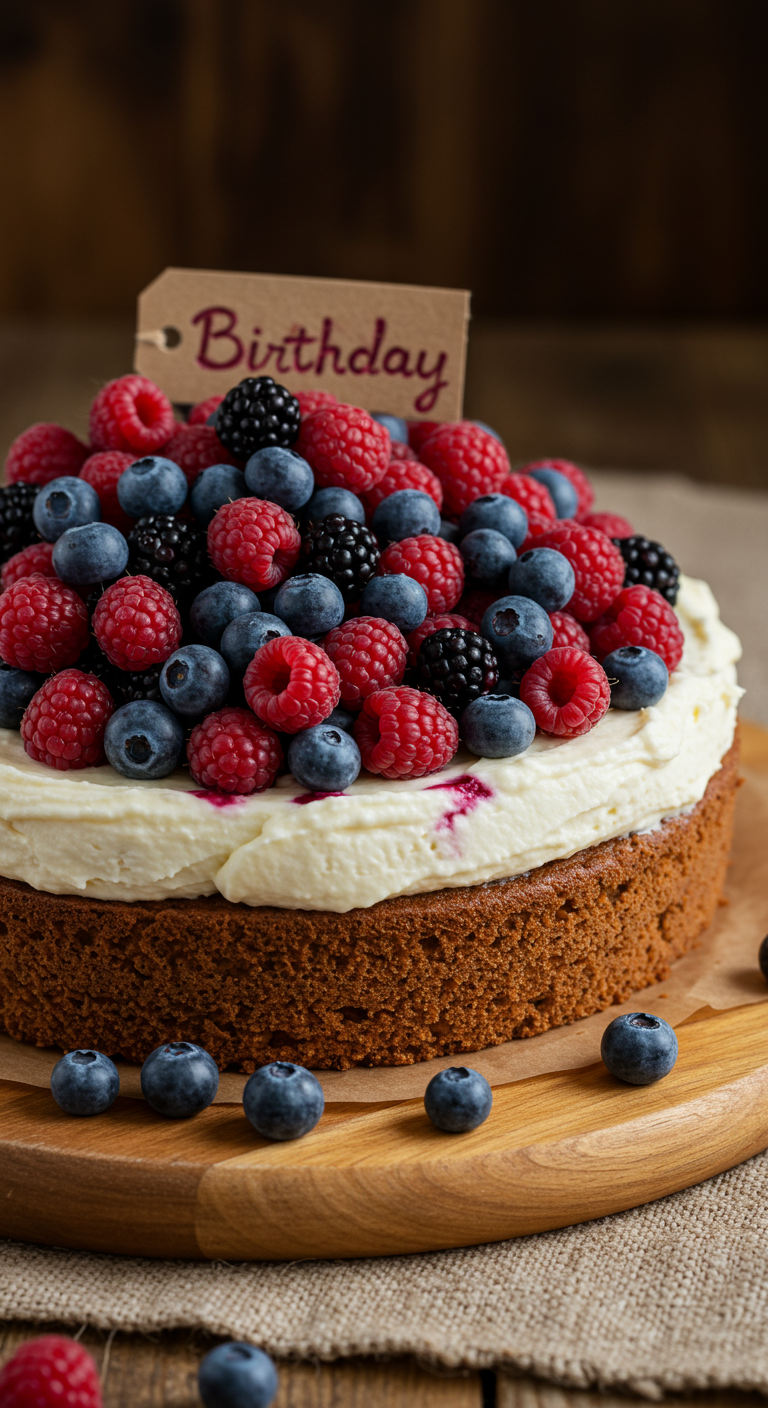 Einfache einstöckige Torte mit Frischkäsefrosting und vielen Beeren.