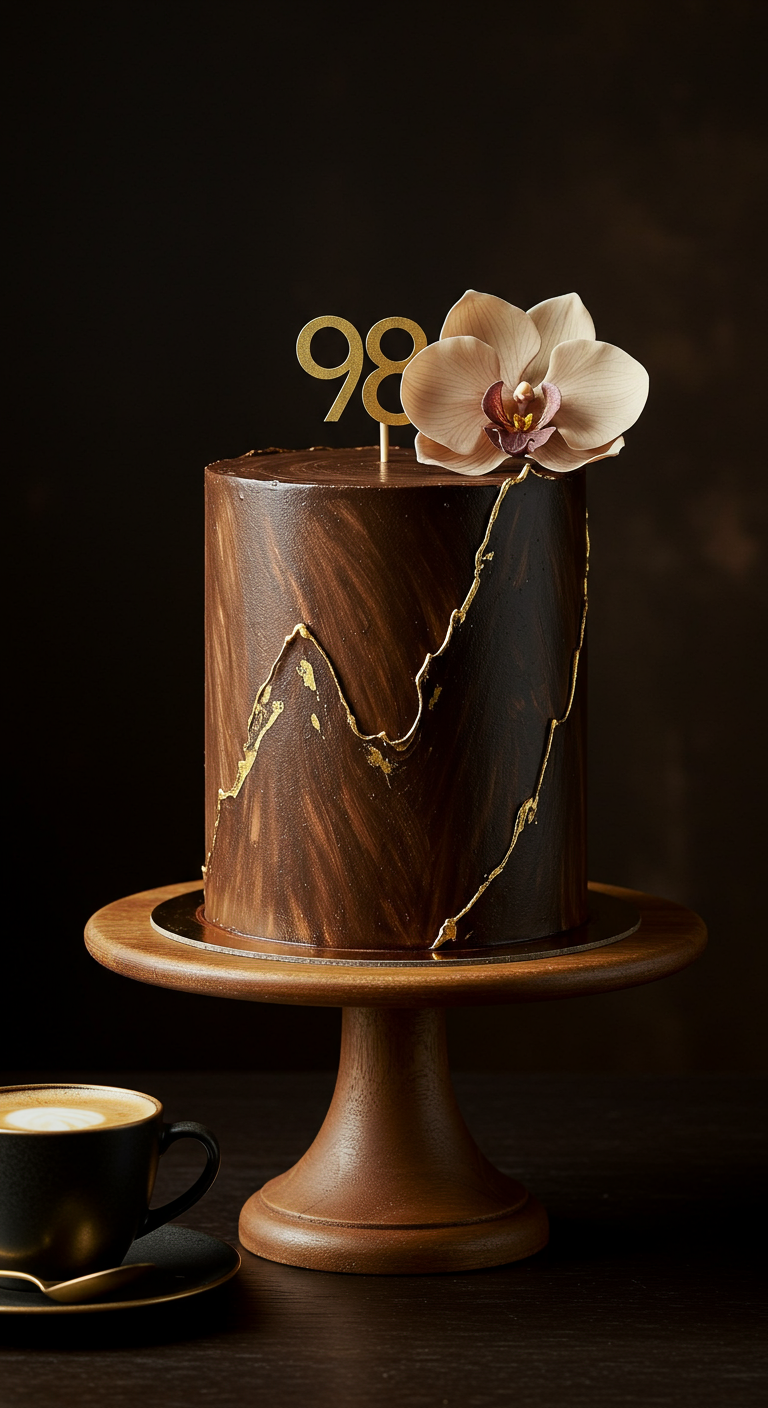 Dunkle Schokotorte mit Holzmaserung, Goldrissen, Orchidee und 