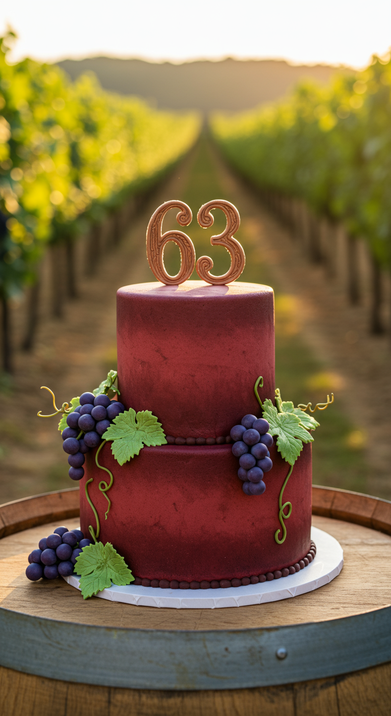 Zweistöckige Torte in Bordeauxrot, dekoriert mit Weintrauben und Weinblättern, Zahl 63.