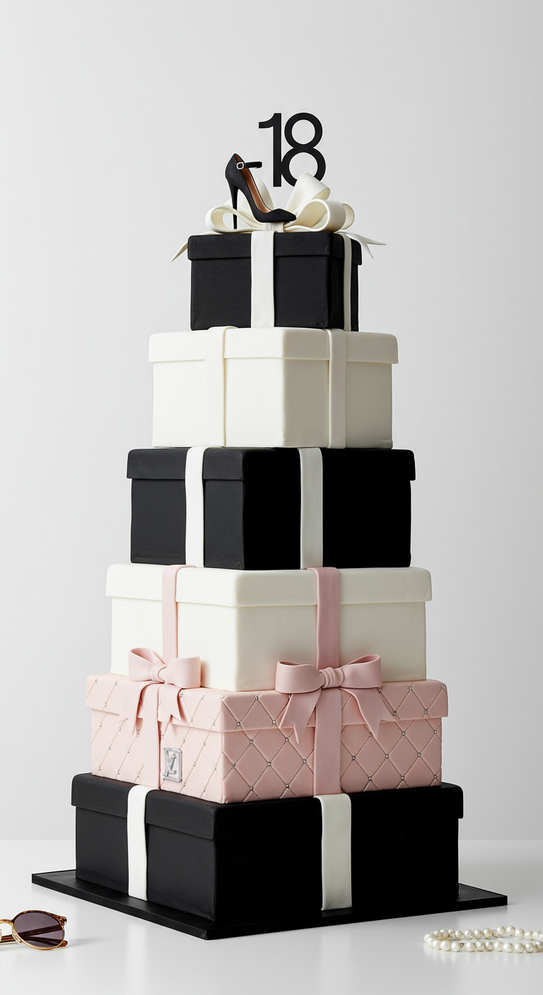 Mehrstöckige Torte in Form von gestapelten Designer-Geschenkboxen.