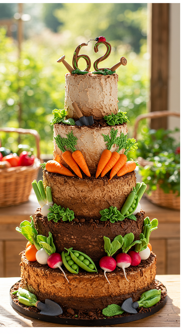 Mehrstöckige Torte als Gemüsebeet mit Zucker-Karotten, -Radieschen und -Erbsen.