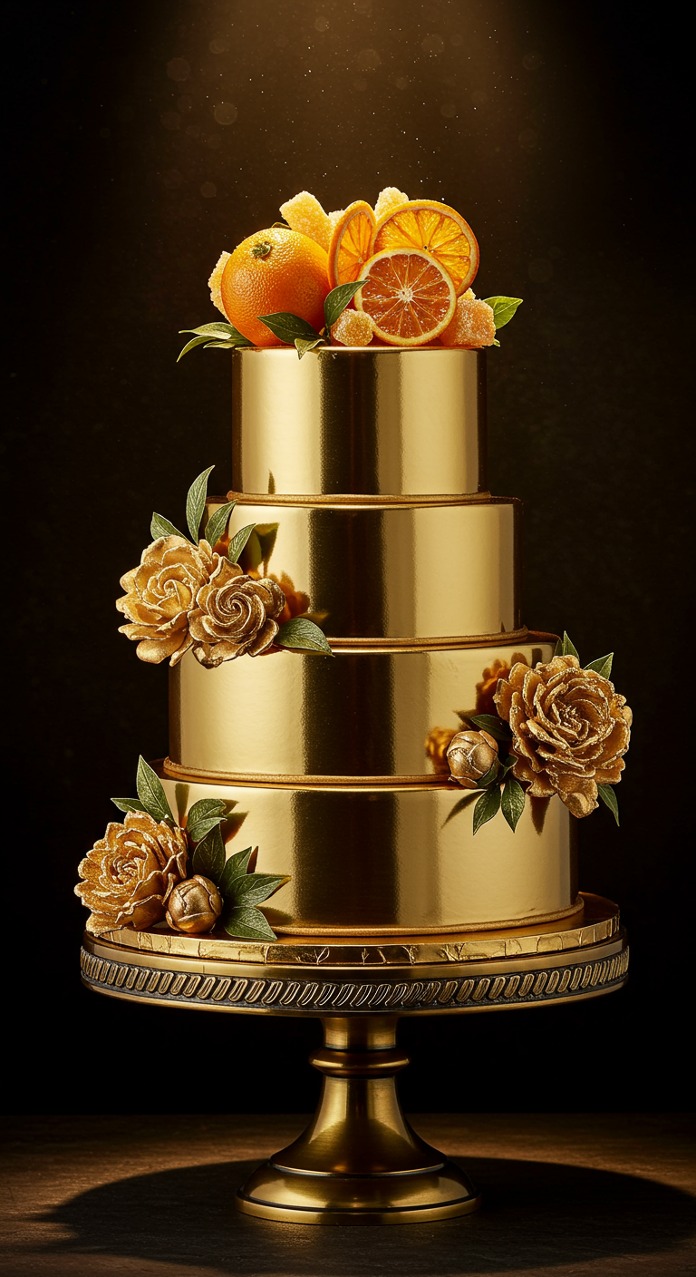 Vierstöckige goldene Torte mit goldenen Glitzer-Rosen und getrockneten Orangenscheiben.