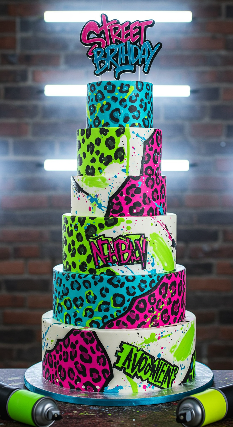 Hohe, mehrstöckige Torte mit Neon-Leopardenmustern und Graffiti-Schriftzügen.