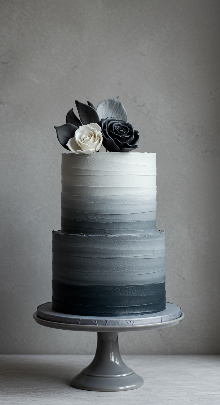 Zweistöckige Torte mit grauem Ombré-Effekt und Zuckerblumen.