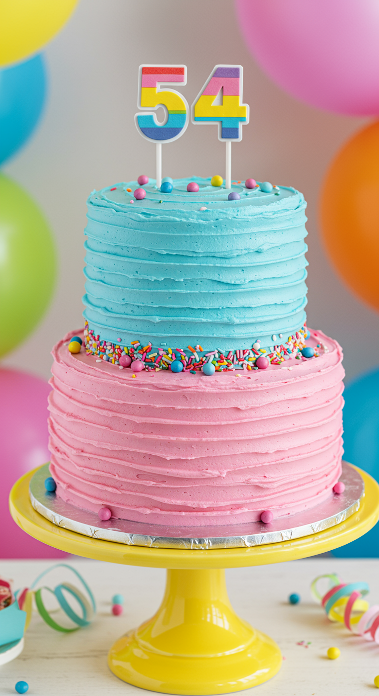 Zweistöckige Torte, untere Etage pink, obere blau, mit Rillenstruktur, bunten Streuseln und