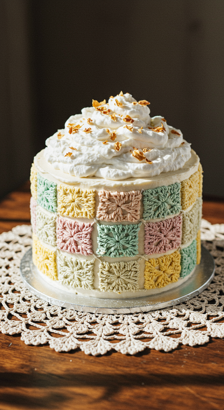 Runde Torte mit Buttercreme im Häkeldeckchen-Muster auf Spitzendeckchen.
