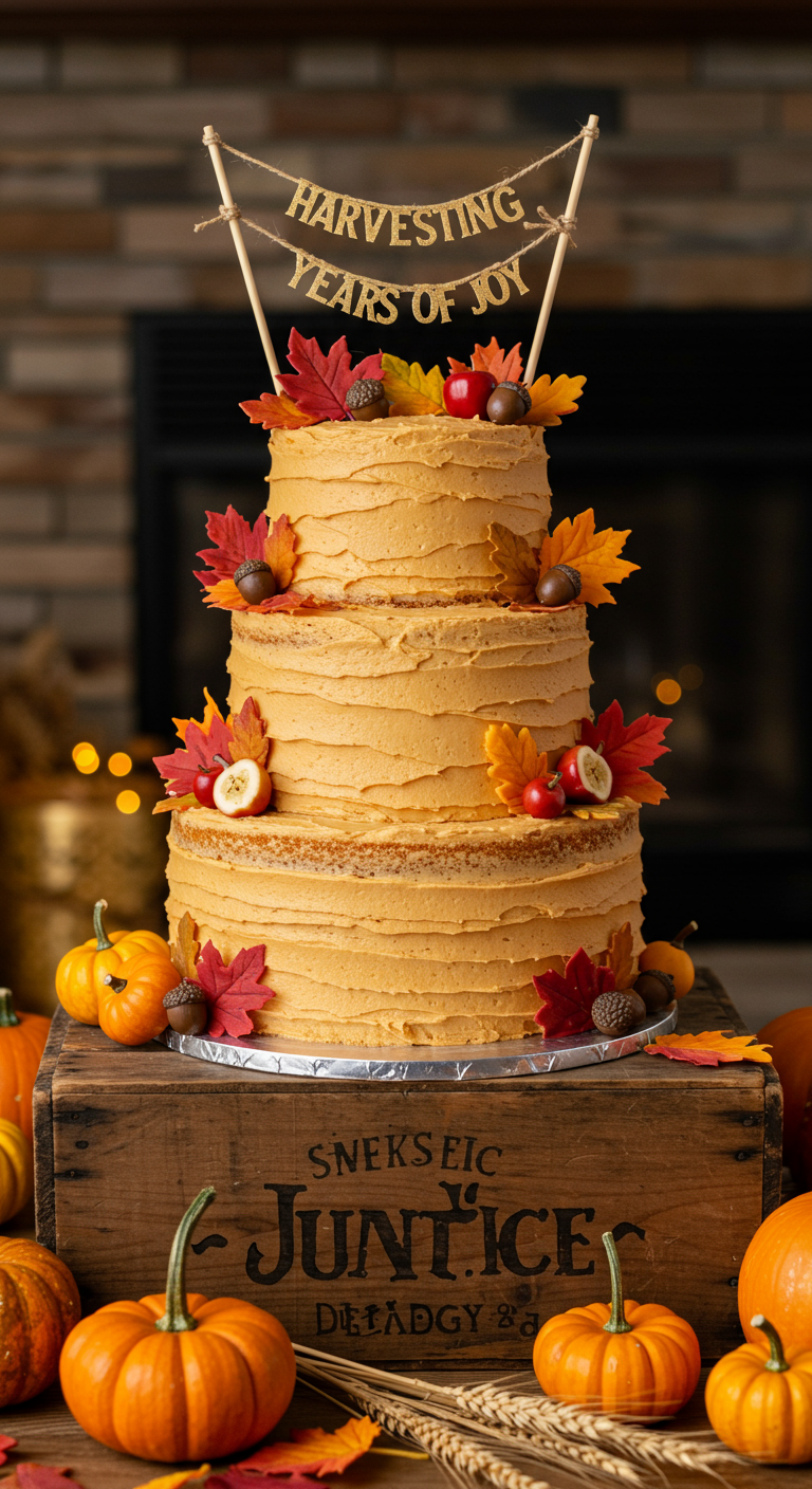 Mehrstöckige orangefarbene Torte mit Herbstblättern, Äpfeln und Nüssen.