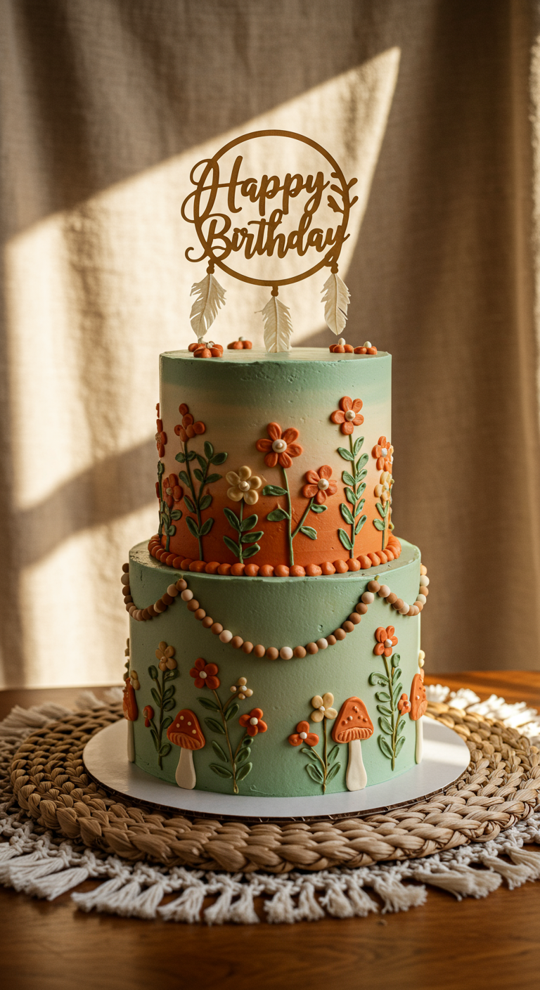 Zweistöckige Torte in Erdtönen mit gepunkteten Blumen, Pilzen und Dreamcatcher-Topper.