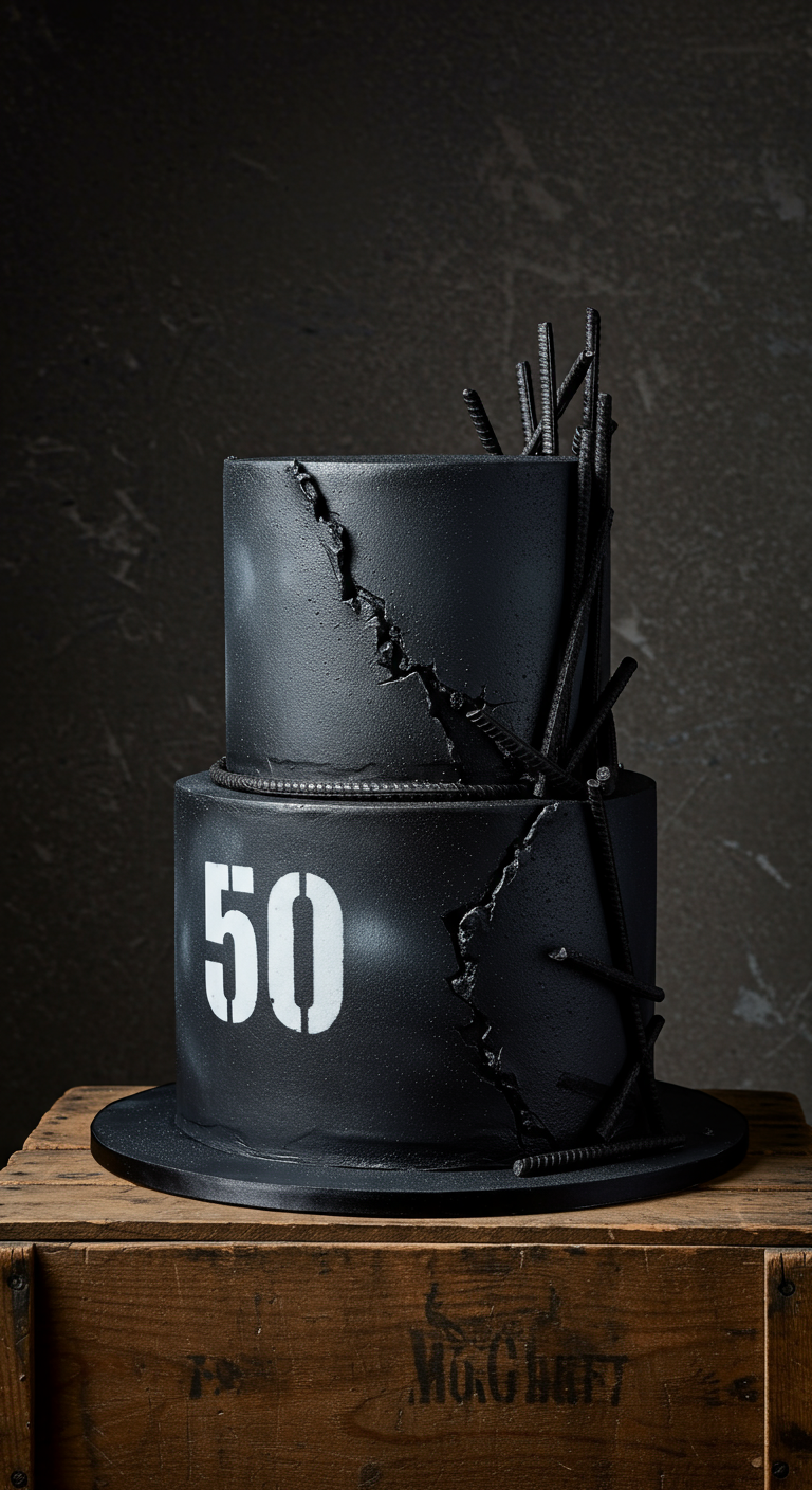 Zweistöckige schwarze Torte im Industrial-Look mit 'Bruchstellen' und '50' Schriftzug.