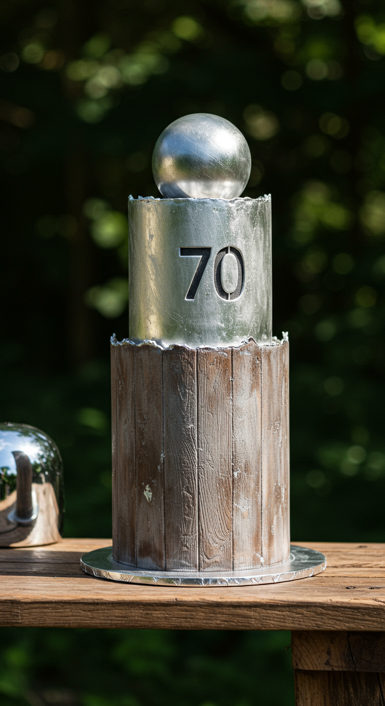 Zweistöckige Torte: obere Etage silbern-metallic, untere Etage in dunkler Holzoptik.