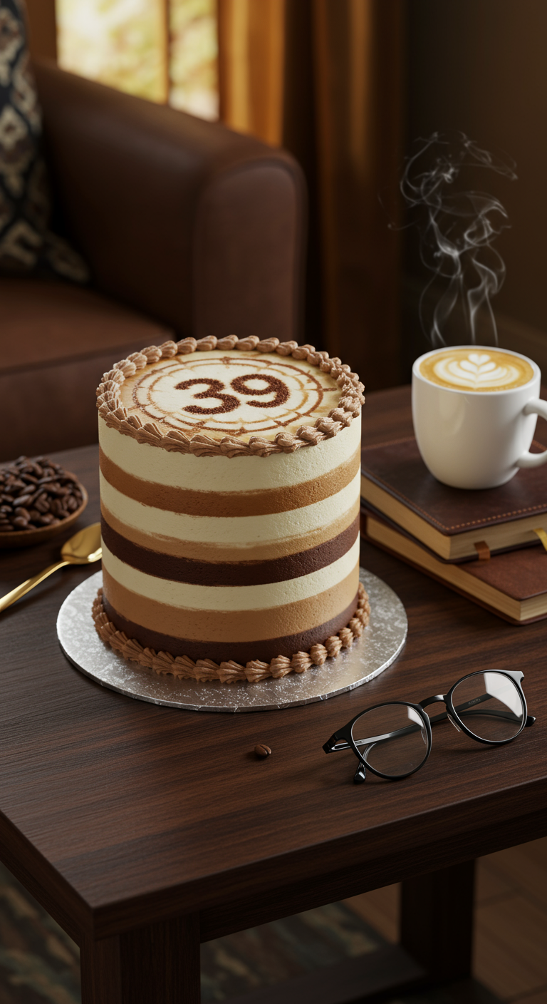 Gestreifte Kaffeetorte mit der Zahl 39 aus Kakaopulver.