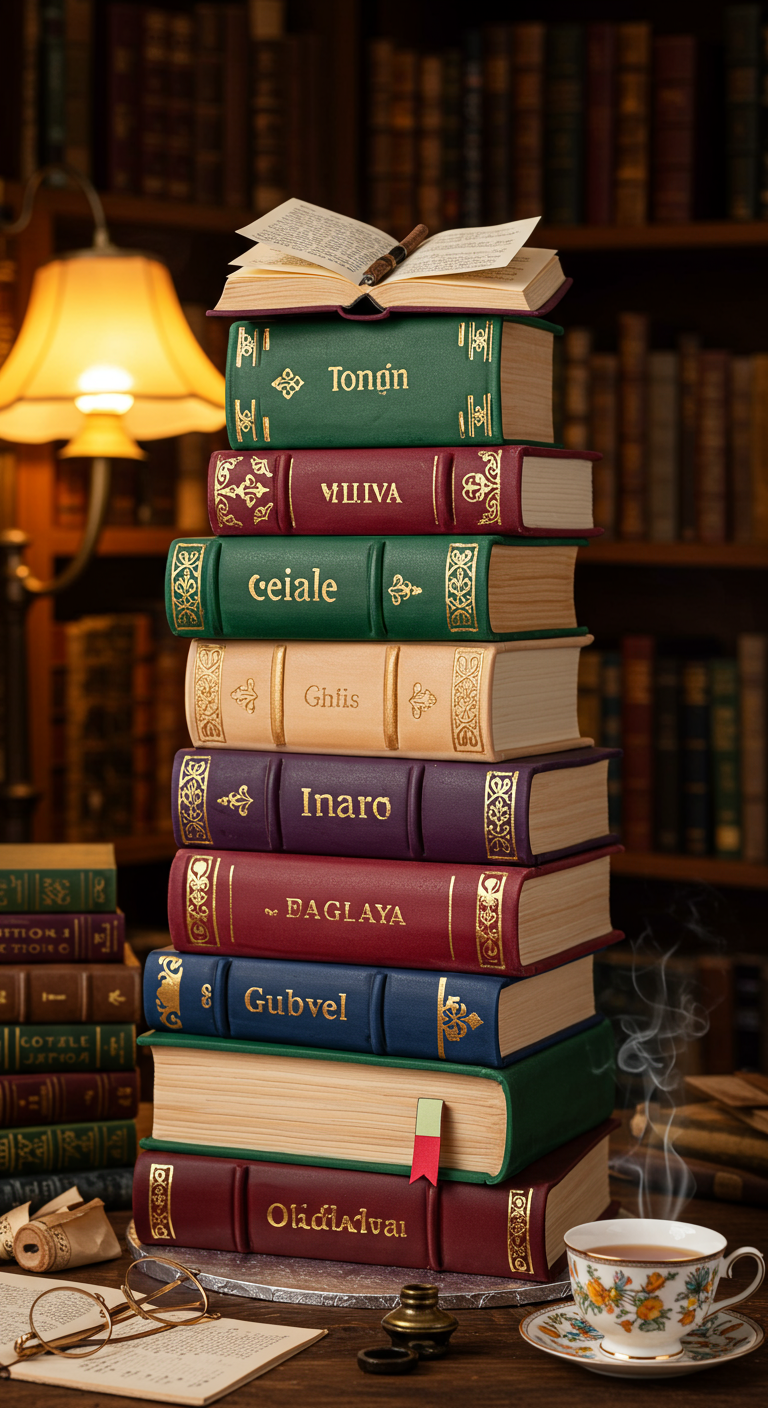 Torte in Form eines Stapels verschiedenfarbiger Bücher mit Goldverzierungen.