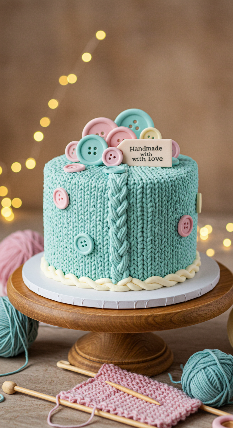 Petrolfarbene Strickmustertorte mit pastellfarbenen Knöpfen und