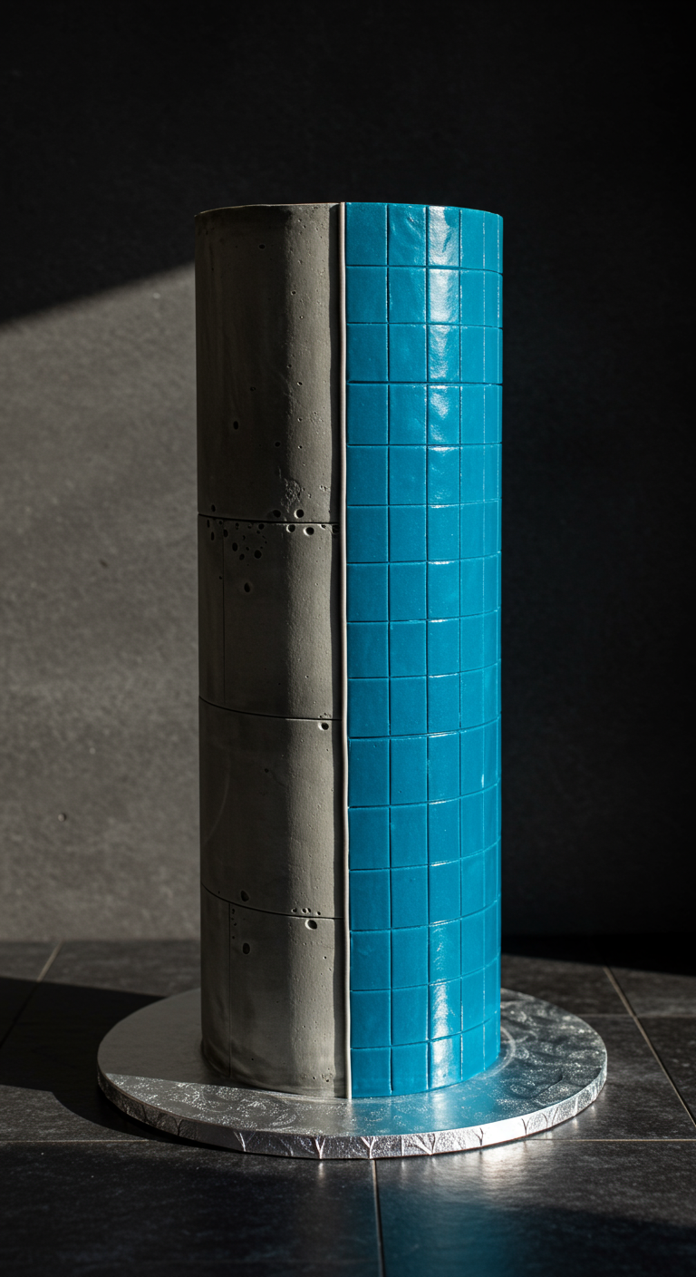 Hohe Zylindertorte, eine Hälfte Betonoptik, andere Hälfte blaues Rastermuster.