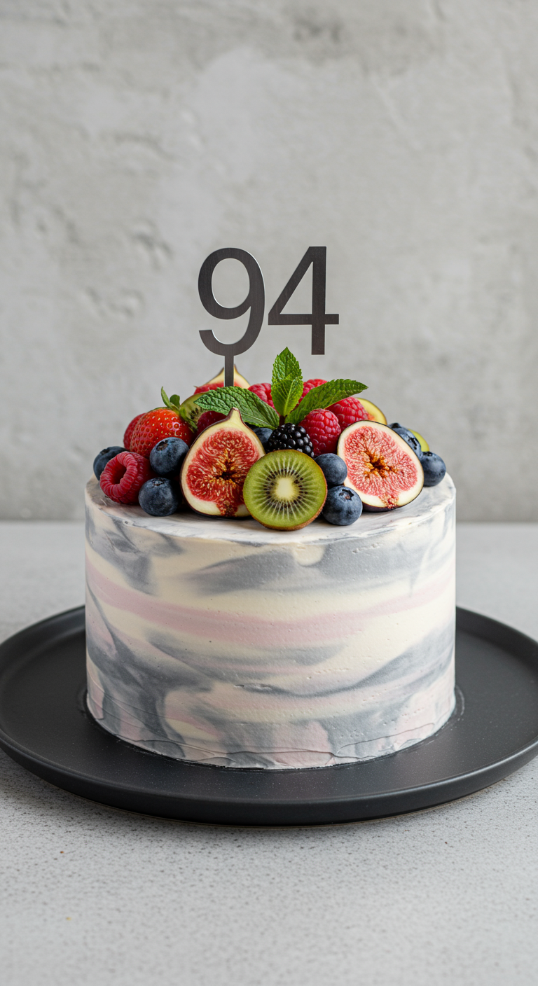 Runde Torte mit marmorierter Buttercreme und einem Topping aus frischen Früchten.