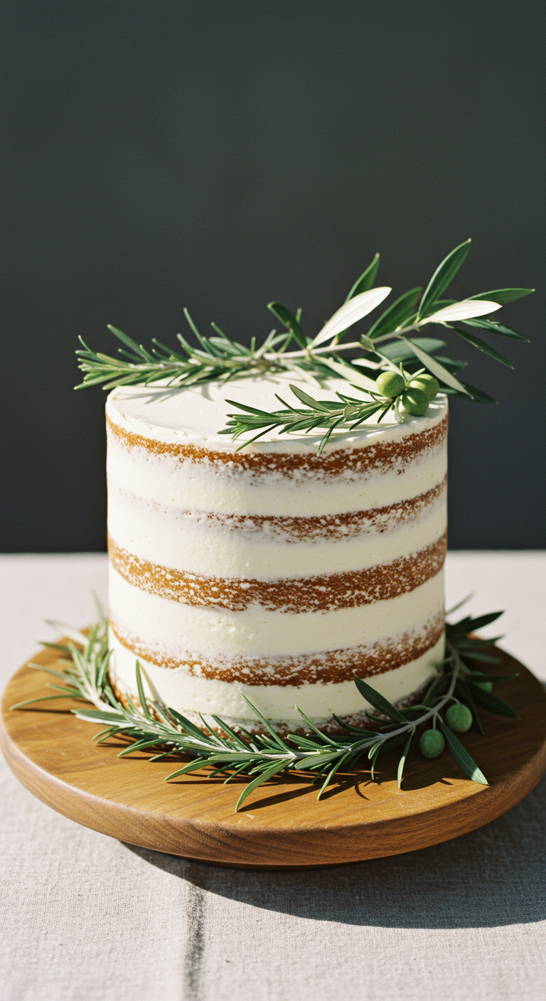Naked Cake mit Buttercreme, dekoriert mit frischen Olivenzweigen und Rosmarin.